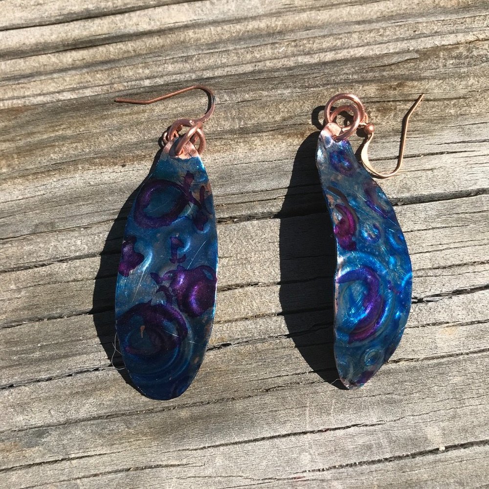 Handmade Solid Copper Earrings Blue Patina Embossed Abstract Circles Bohemian - Picture 6 of 7